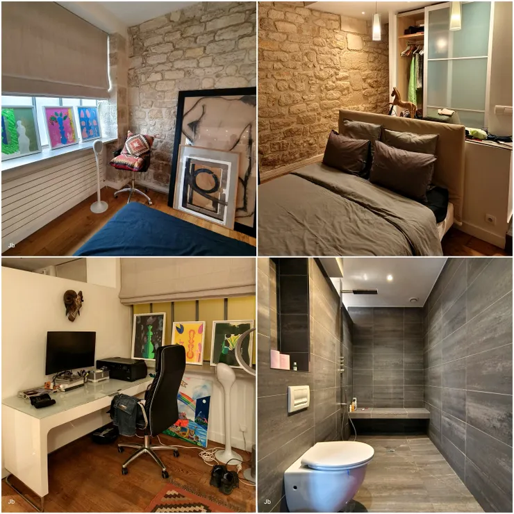 【主臥和衛浴，裡面擺了不少風格現代的畫和藝術品。這間我和老婆住，女兒和怡青睡客廳的一張大沙發床。】