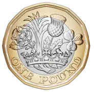 2017年版的1英鎊硬幣，為十二邊形。背面圖案為英格蘭玫瑰、蘇格蘭薊、威爾斯韭及北愛爾蘭三葉草的組合