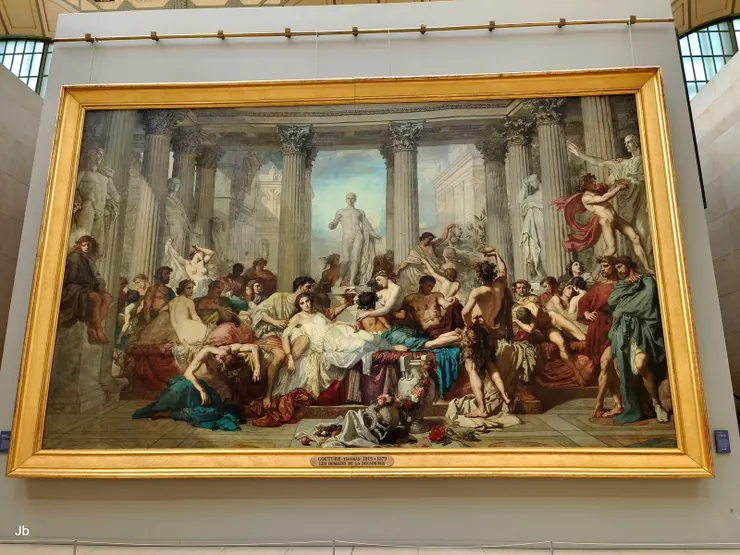 【法國畫家湯瑪斯·庫圖爾（Thomas Couture）於1847 年創作的《羅馬帝國墮落時的羅馬人》（Les Romains de la décadence）。作者或許無意，但我一看到它就聯想起拉斐爾的《羅馬學園》，對比有夠強烈。】