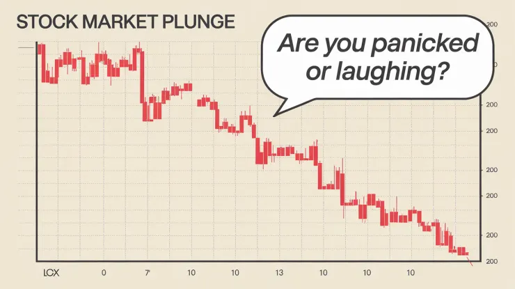 A stock market chart with a sharp drop. The chart is filled with red, indicating a significant decrease in stock prices. The chart is titled "股市跳水" (stock market plunge). The bottom of the chart is labelled "0". There is a speech bubble above the chart with the text "你是慌了還是笑了？" (Are you panicked or laughing?), questioning the viewer's reaction to the stock market plunge.