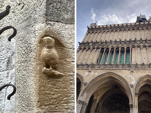 充滿排水獸的第戎聖母院正面和吉祥物貓頭鷹