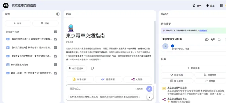 使用NotenbookLM來協助我了解東京交通指南