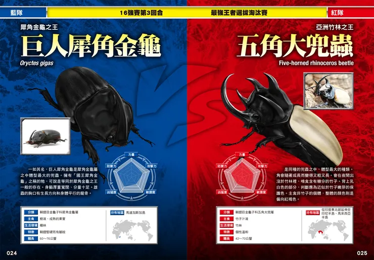 巨人犀角金龜對上五角大兜蟲｜《最強戰鬥２：鍬形蟲大王×獨角仙大王超級大戰圖鑑》｜小角落文化出版