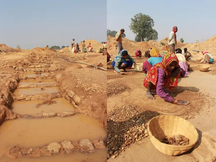 先把泥塊沖開，接著曬乾，再找尋鑽石
