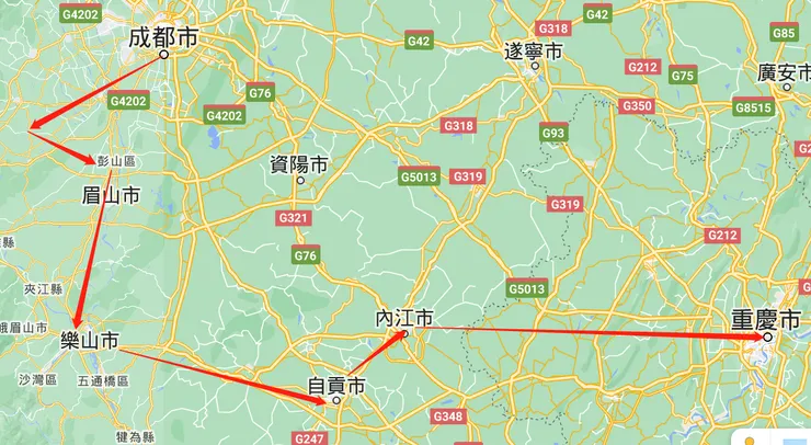 川西逃離路線：西來場附近破廟→松華鎮→蓮花壩→公義場→彭山→樂山→自流井→內江→重慶。此為大致示意圖，台灣的那些雞毛蒜皮 制