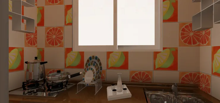 這個櫃子、爐灶和洗手盆其實是一個整體組合，沒想到放在這個廚房內很是合適。