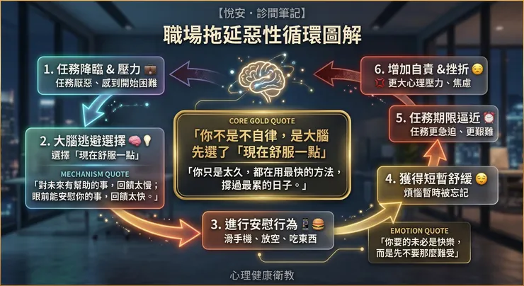 拖延很多時候不是單純的時間管理問題，而是短期情緒調節失靈的結果。當任務引發焦慮、厭煩或挫折時，人會自然傾向先做能暫時減少不舒服的事，卻也因此更容易掉進「短暫舒緩 → 期限逼近 → 更焦慮」的循環。