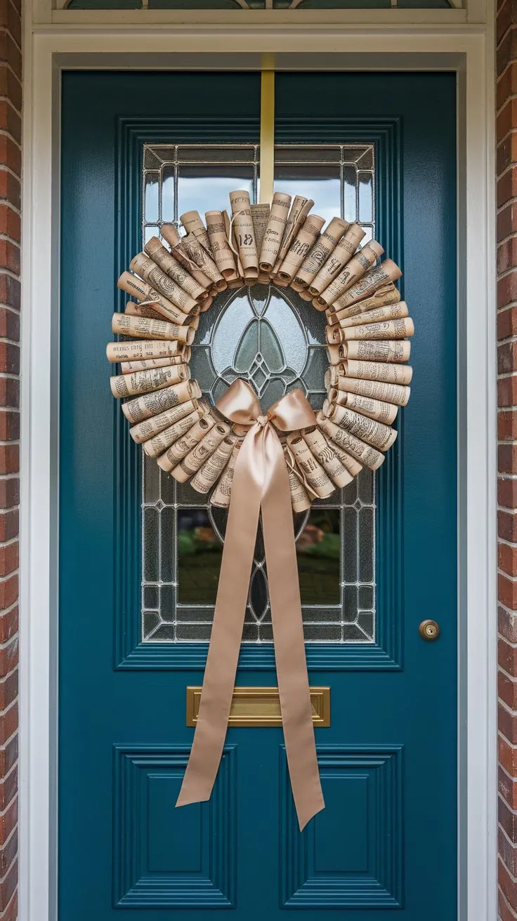 A stylish front door adorned with a wreath made of rolled-up book pages, tied together with a satin ribbon
