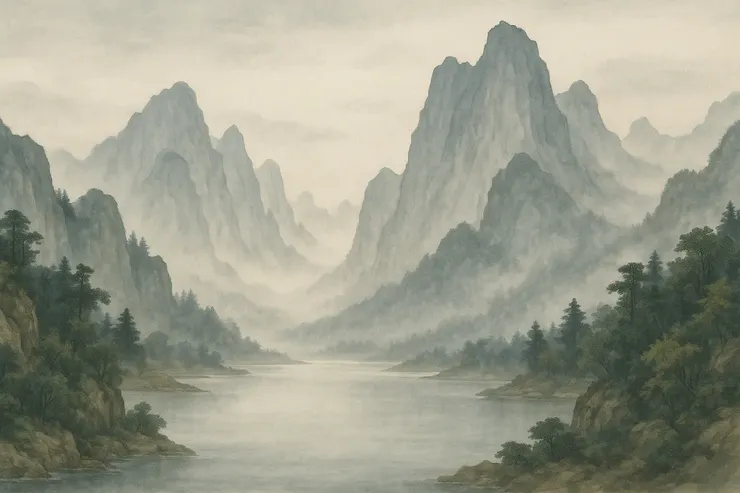 圖片來自AI生成，恰好融合了西方自然主義（寫實派）或油畫光影處理和中國山水畫的留白