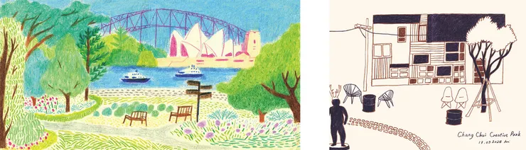 史吉普的風景寫生。左:澳洲雪梨,右:泰國曼谷。