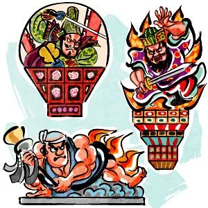 青森三大睡魔祭:左下角的為青森市睡魔燈籠，走豪邁風格；弘左上角的虹前市睡魔祭燈籠，則是扇形的，走秀氣風格；右手邊是五所川原市的睡魔燈籠，主要是以高度取勝。/照片來源:網頁資訊。