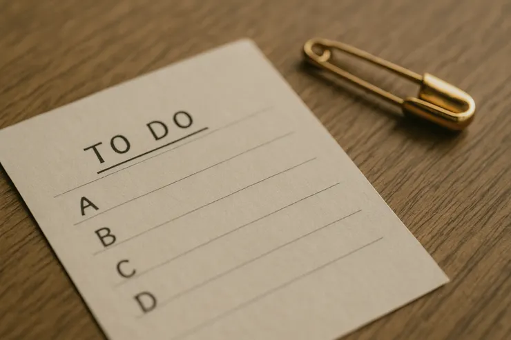  木地板中央鋪開一紙清單；欄位 A1～E1 已填，旁邊是一枚淡色襟針。