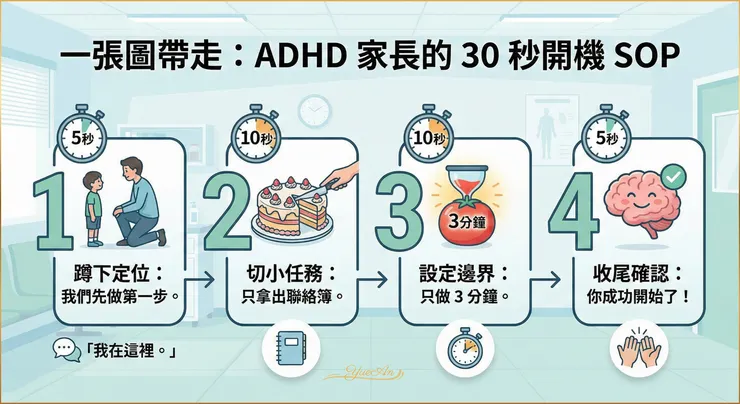 【一張圖存檔】診間常用的 30 秒開機流程。將任務「切片」與「可視化」，符合行為治療/家長行為管理訓練的原則，且 AAP/CDC 推薦這類行為介入：將目標拆解至孩子能勝任的大小。