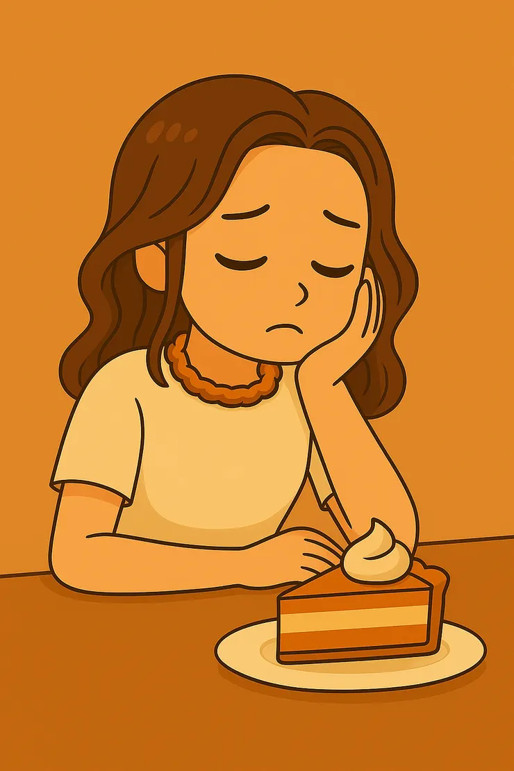 那天的我，就像圖裡的暖橘Q一樣，手撐著臉，看著桌上的甜點，卻覺得有點小小失落。 不是因為蛋糕不好吃，而是因為少了一句「要不要一起吃？」的邀請。 在別人眼裡，這可能只是無關緊要的小細節； 可對我來說，那一瞬間就像被留在門外，心裡酸酸的。 （註：暖橘Q就是我的小劇場化身，替我演出這份酸甜尷尬感。）