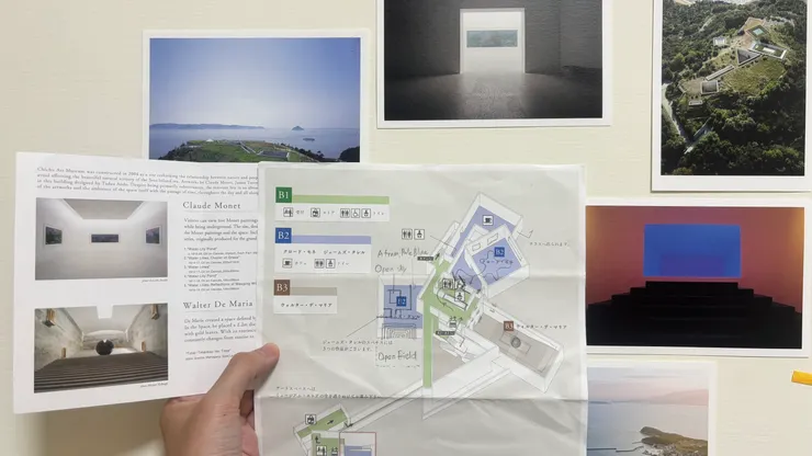 回家後，靠著速寫對照，才能將各展區平面圖，畫進地中美術館的導覽地圖裡。