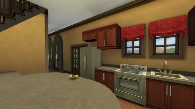 這個我不記得是不是同一個房子的廚房了。看著挺豪華，但我很不喜歡啡色，很舊的感覺。