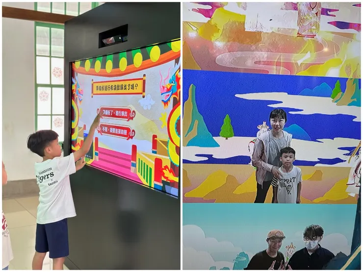 螢幕會感應人體，就可以學布袋戲打鬥，完成關卡還可以拍照留念