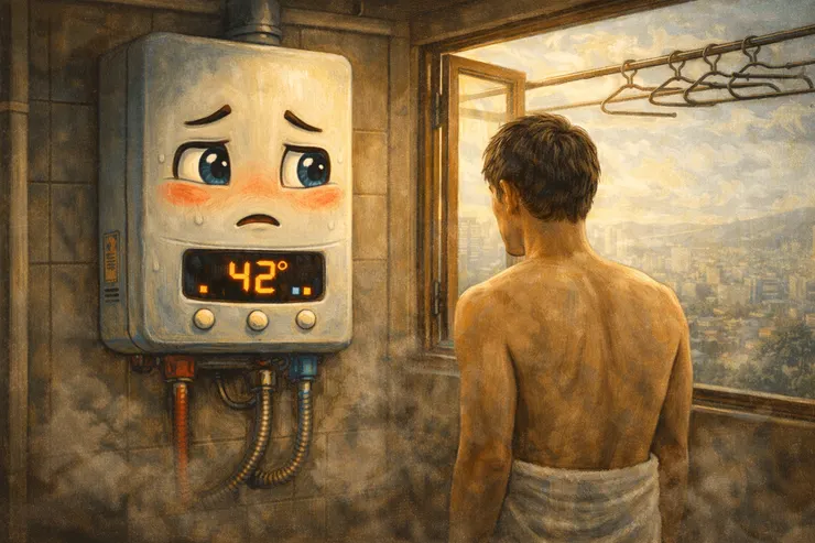 梁练伟下半身围着浴巾站在阳台查看智能热水器，窗户打开，衣架空着，智能热水器露出羞愧又紧张的表情