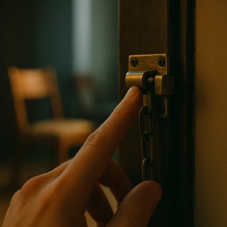 指尖把門鏈退半格；內外光交界在金屬邊緣顫動，兩張椅在後景呈對