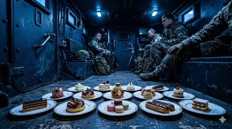 裝甲車內部擺放了各式各樣精緻的法式甜點 - AI