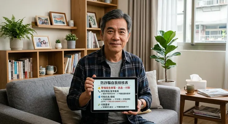 梁練偉手持平板，提醒讀者注意防詐清單中關於OTP和詐騙的警訊。