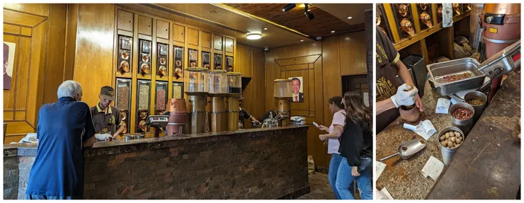 整面牆的咖啡豆與香料&現場手磨香料(筆者攝)