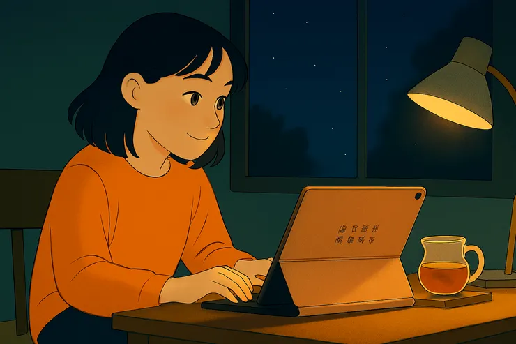 在黑夜裏，我使用新購入的 iPad 記錄思緒，雀躍萬分。（插圖由Copilot協助創作）