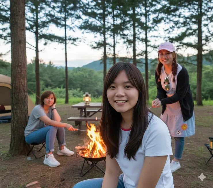 圖為陳汝蓁(最前白衣)和親戚戶外活動的照片