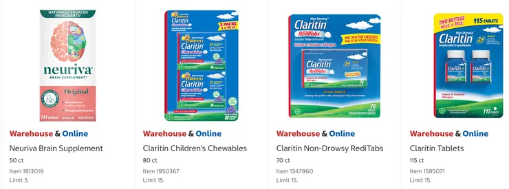 Neuriva 腦部補充劑 $35.99、Claritin孩童抗敏咀嚼片 $32.99、Claritin 24小時抗敏藥 $27.99、Claritin 24小時無嗜睡性抗敏藥 $34.99。