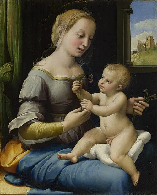 拉斐爾《粉紅色的聖母》（The Madonna of the Pinks），1506—07。11英寸x8 7/8英寸。倫敦國家美術館。